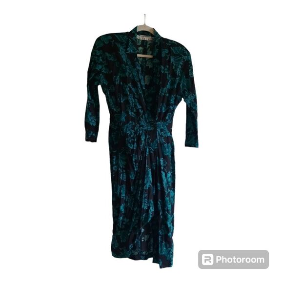 80s Ann Tjan Kenar 2 Floral Faux Wrap Vintage Secretarys Dress - Picture 1 of 5
